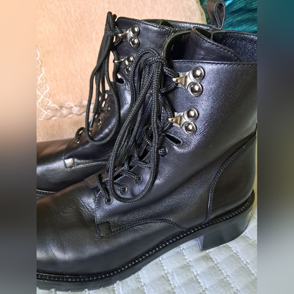 Vintage NAPOLEONI Black Leather Combat Moto Boots Zip Lace Up Italian Size 40 - Picture 8 of 13
